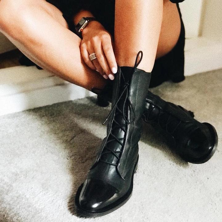 Women's lace-up mid-calf boots with a round toe and low heel in black and brown
