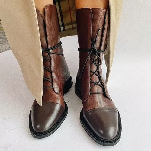 Women's lace-up mid-calf boots with a round toe and low heel in black and brown