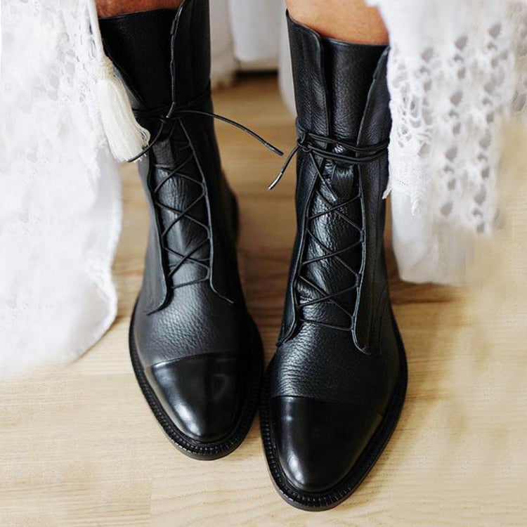 Women's lace-up mid-calf boots with a round toe and low heel in black and brown
