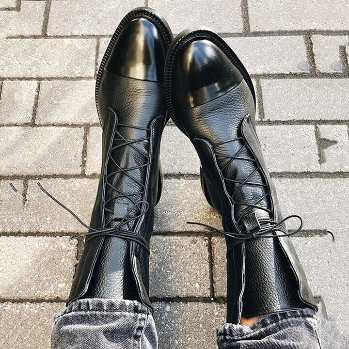 Women's lace-up mid-calf boots with a round toe and low heel in black and brown