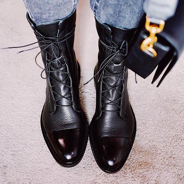 Women's lace-up mid-calf boots with a round toe and low heel in black and brown
