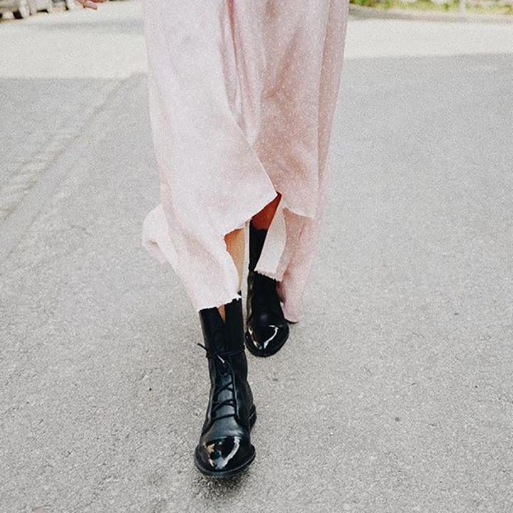 Women's lace-up mid-calf boots with a round toe and low heel in black and brown