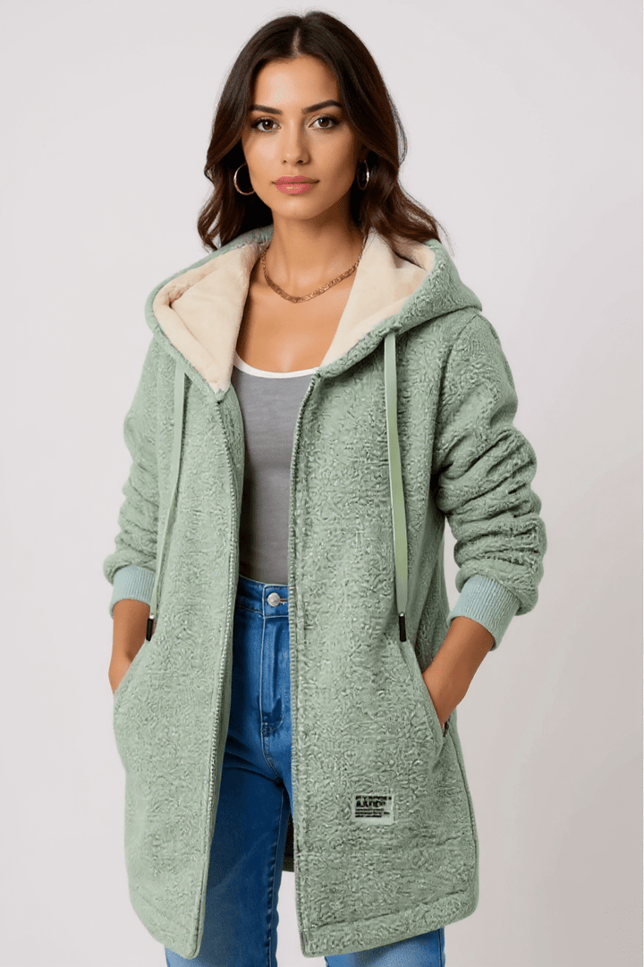 Fleece hooded jacket with full zip front and longline fit