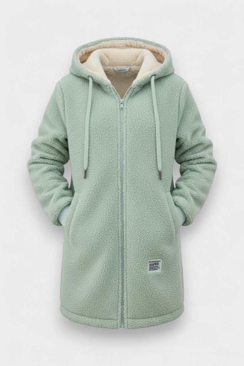 Fleece hooded jacket with full zip front and longline fit