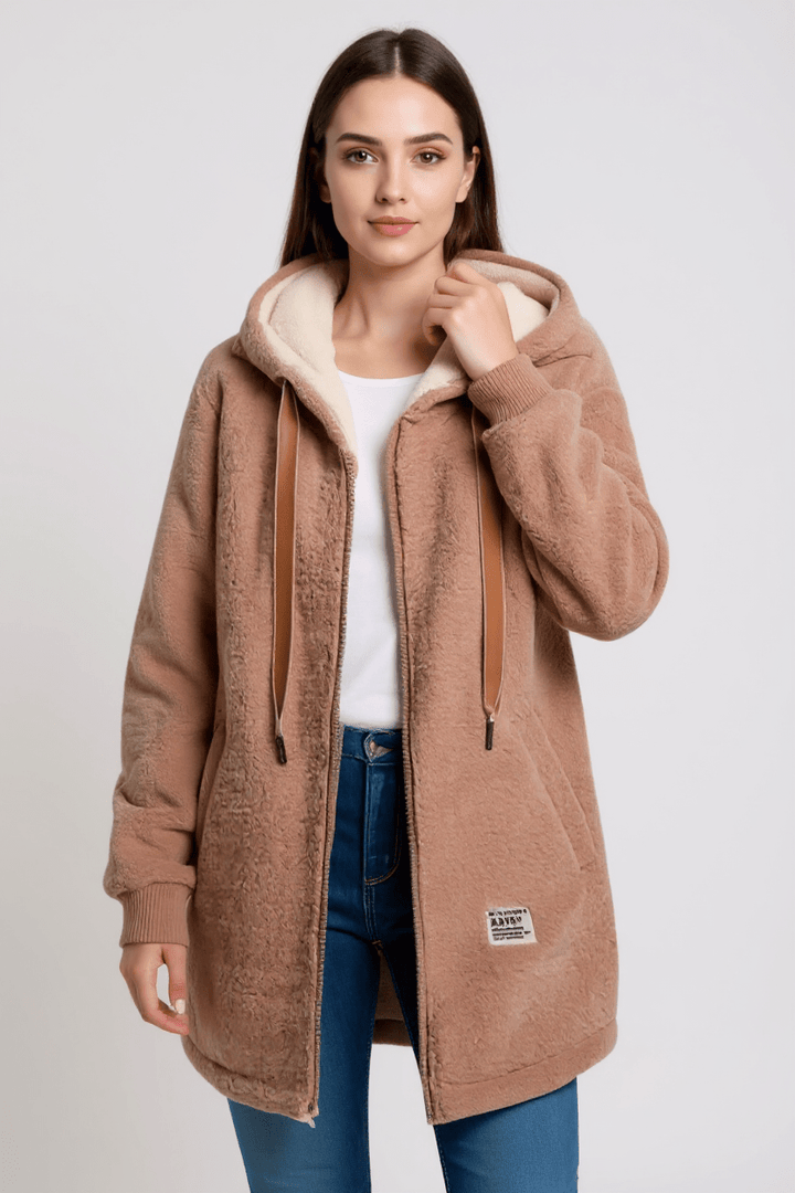 Fleece hooded jacket with full zip front and longline fit