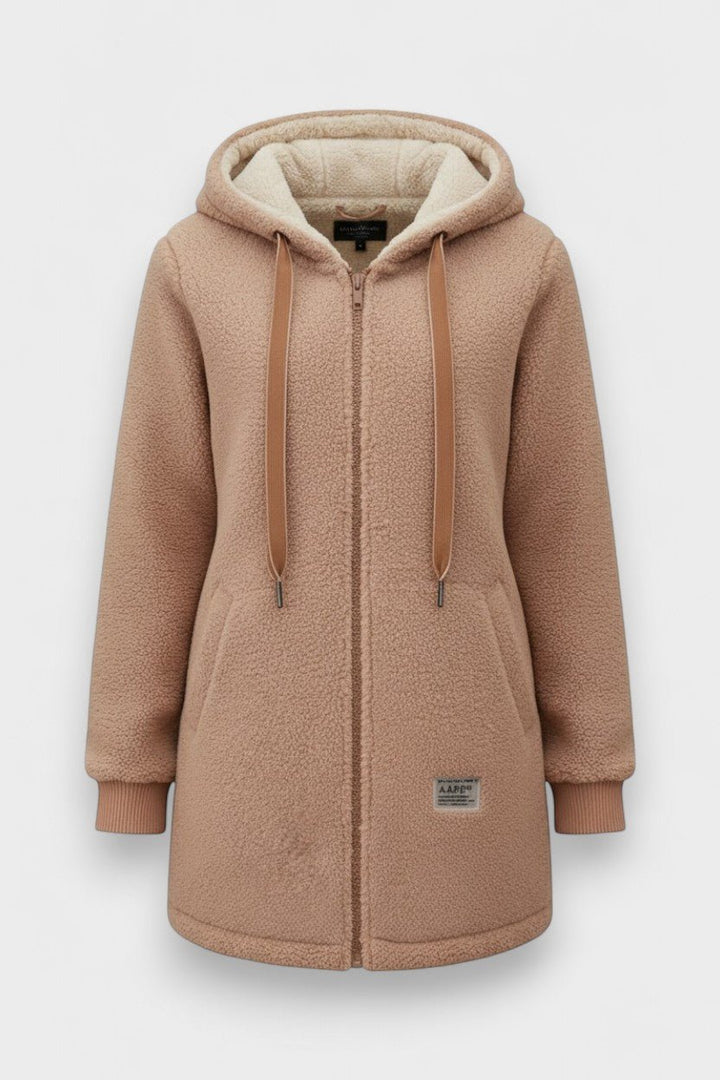 Fleece hooded jacket with full zip front and longline fit