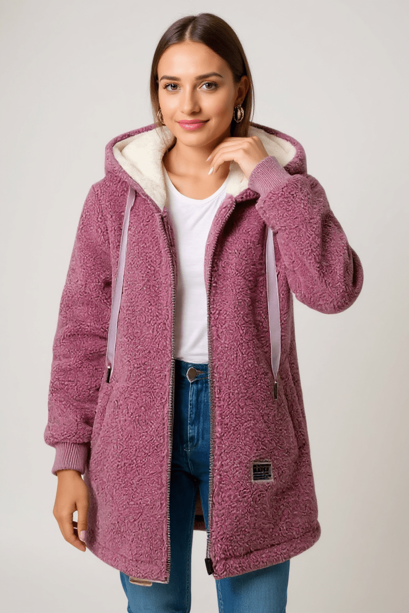 Fleece hooded jacket with full zip front and longline fit