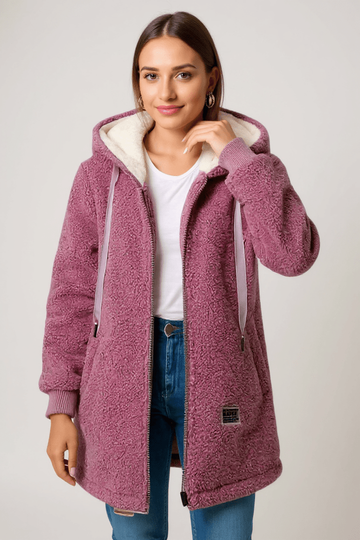 Fleece hooded jacket with full zip front and longline fit