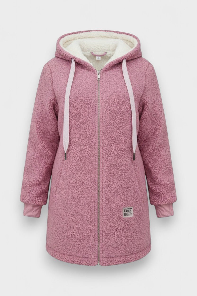 Fleece hooded jacket with full zip front and longline fit