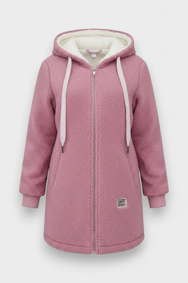 Fleece hooded jacket with full zip front and longline fit