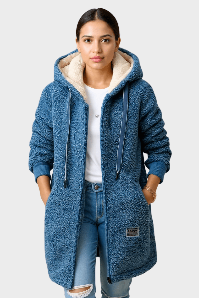 Fleece hooded jacket with full zip front and longline fit