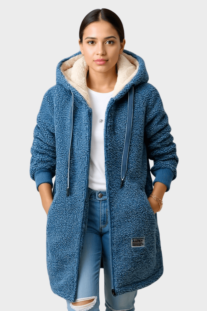 Fleece hooded jacket with full zip front and longline fit