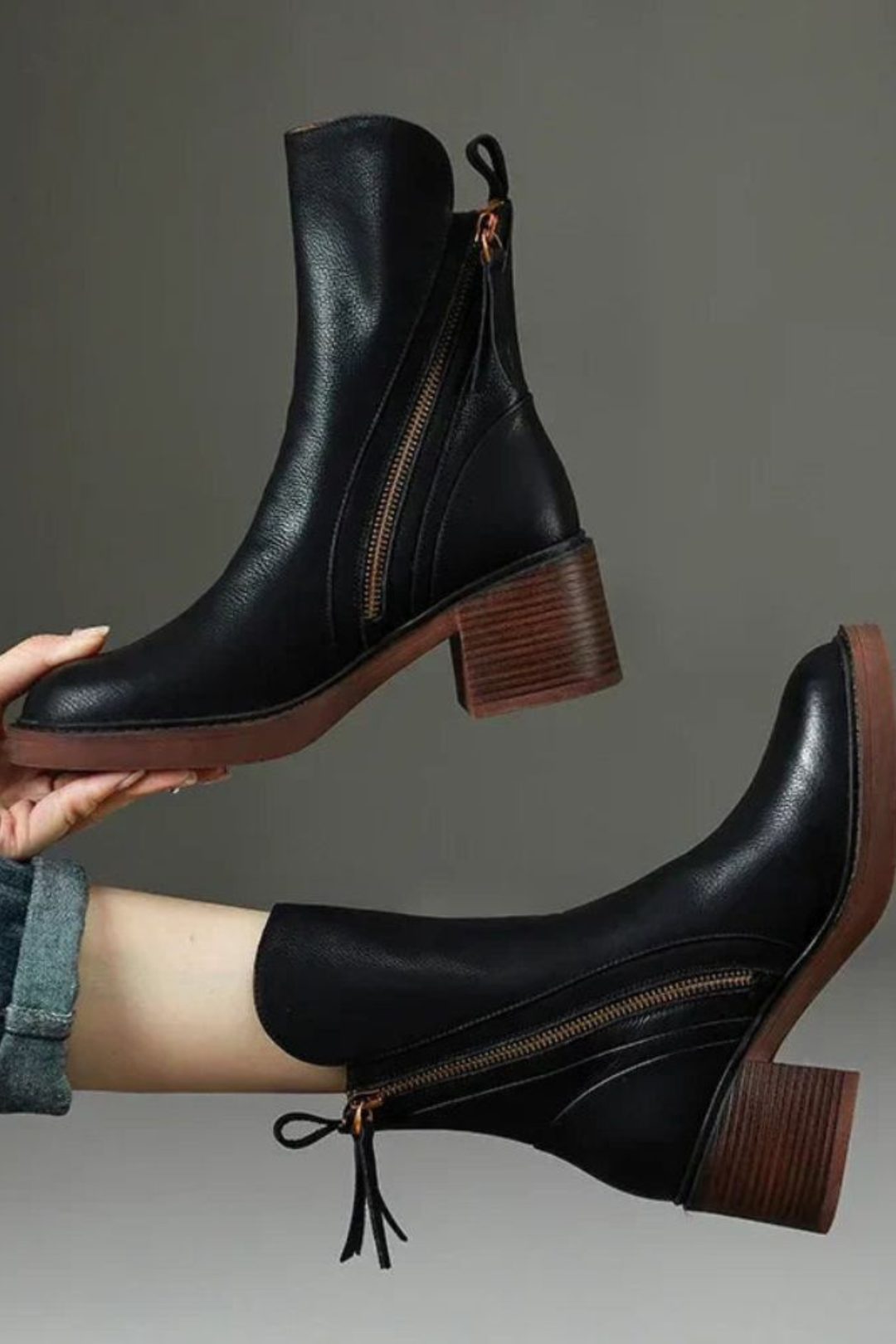 Side-zip ankle boots with rounded toes and block heels in black and brown colourways