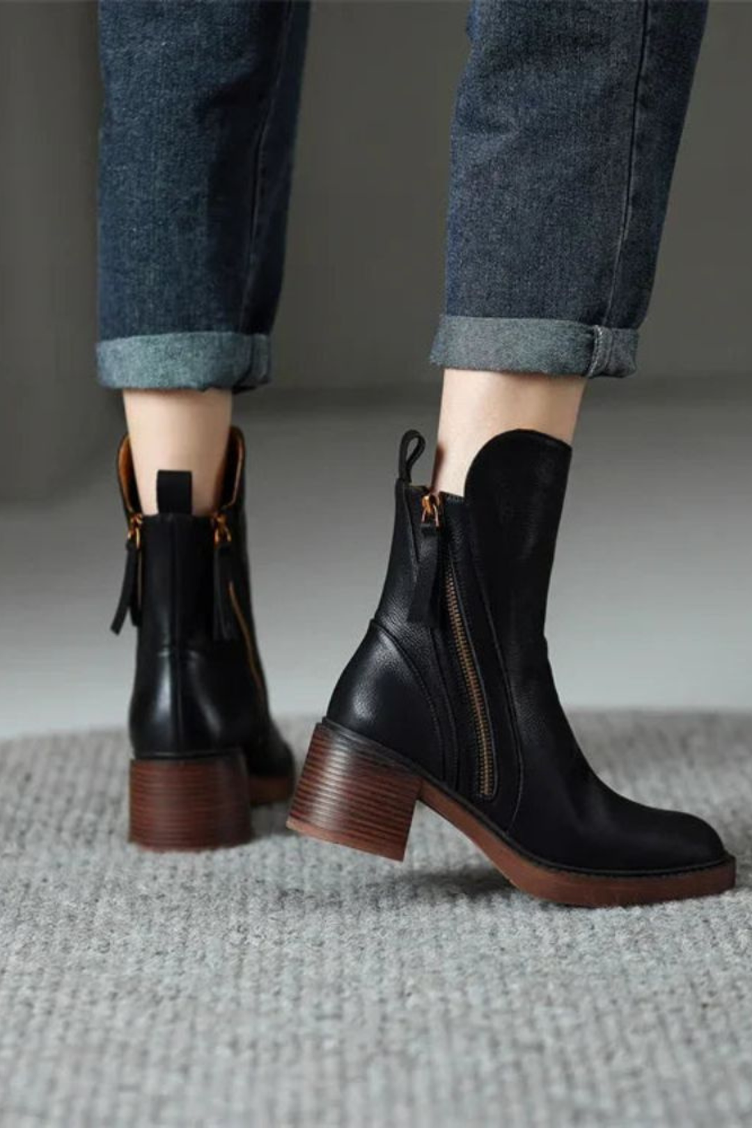 Side-zip ankle boots with rounded toes and block heels in black and brown colourways