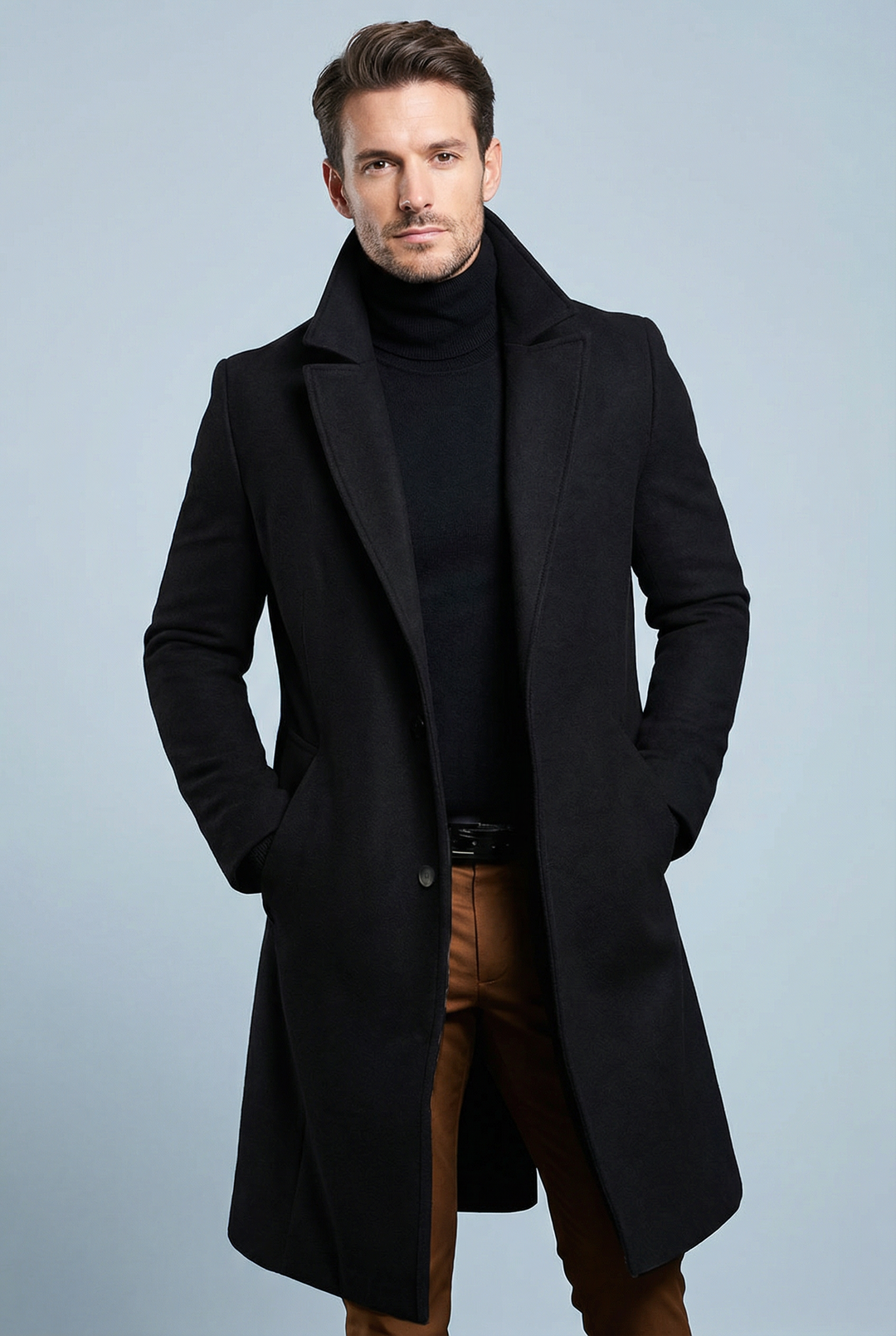Men's structured long formal coat with notched lapels, button front and welt pockets