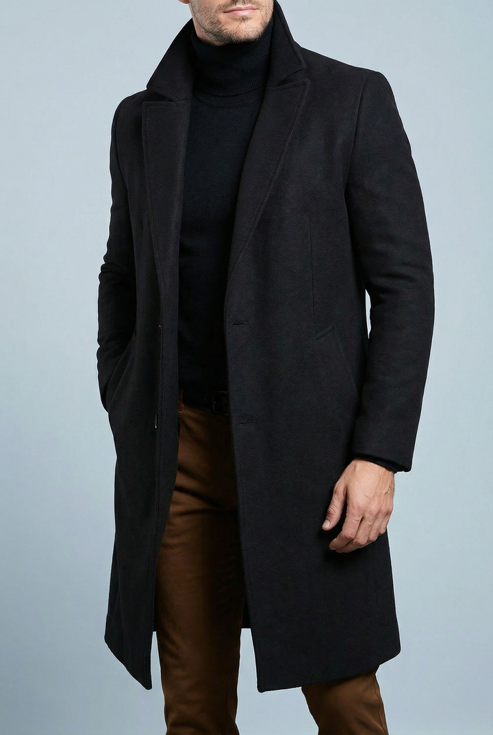Men's structured long formal coat with notched lapels, button front and welt pockets