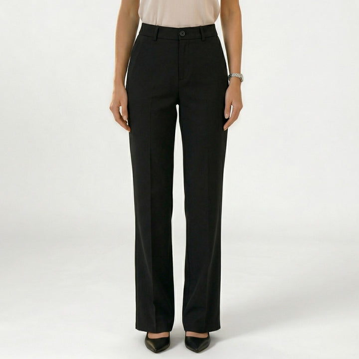 Women's black tailored straight-leg trousers with a mid-rise flat-front waist