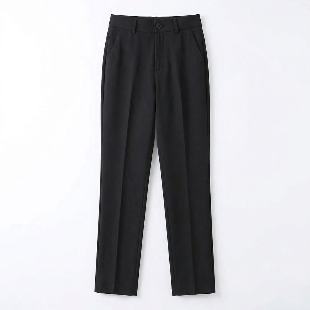 Women's black tailored straight-leg trousers with a mid-rise flat-front waist