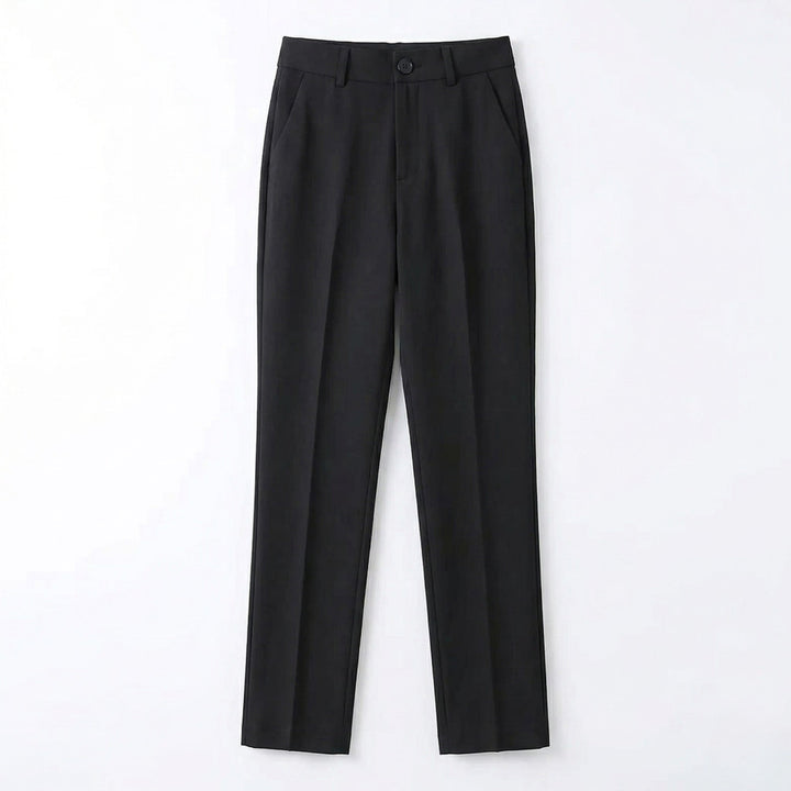 Women's black tailored straight-leg trousers with a mid-rise flat-front waist