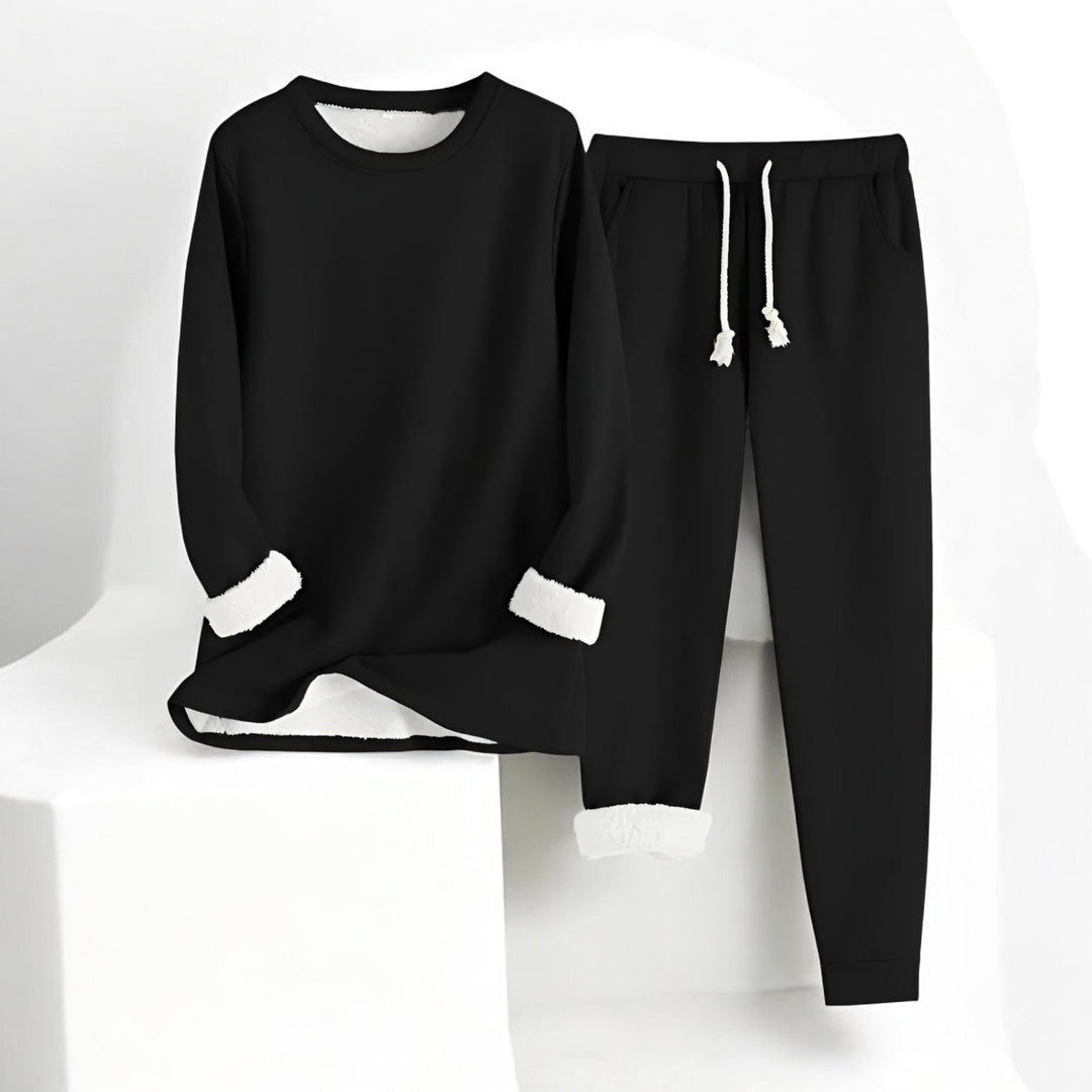 Women's two-piece lounge set with long-sleeve crew neck top and drawstring trousers