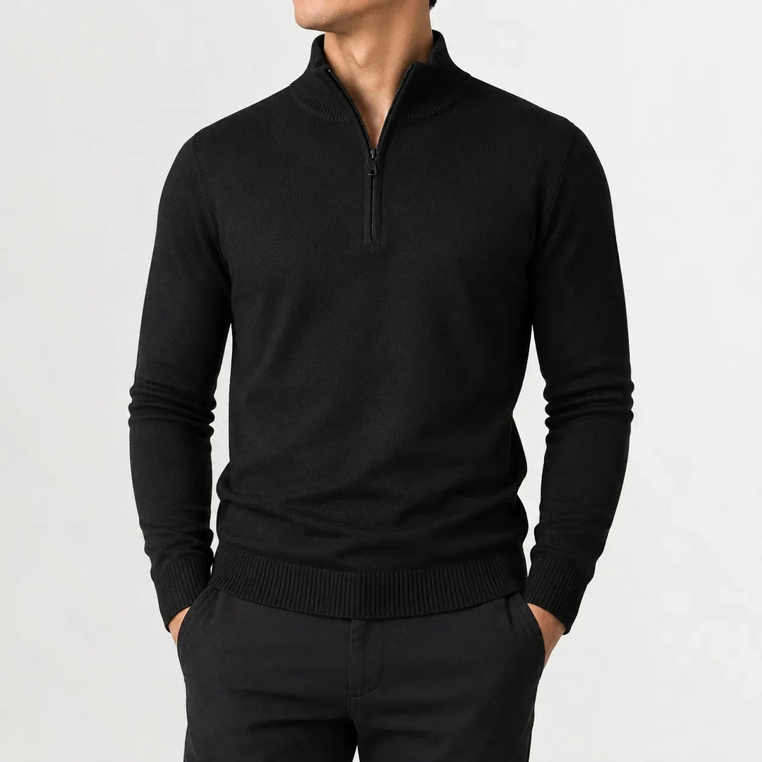 Men's long-sleeve zip-up mock neck sweater with ribbed trims