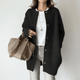 Women's long button front cardigan with round neck and long sleeves