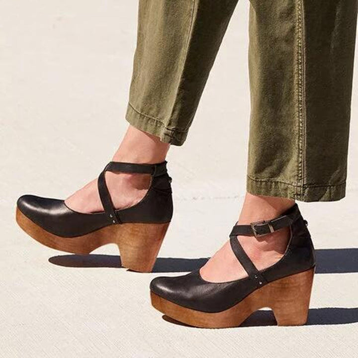 Women's Wedge Heels with Ankle Strap Sandal in Black | Bellmere