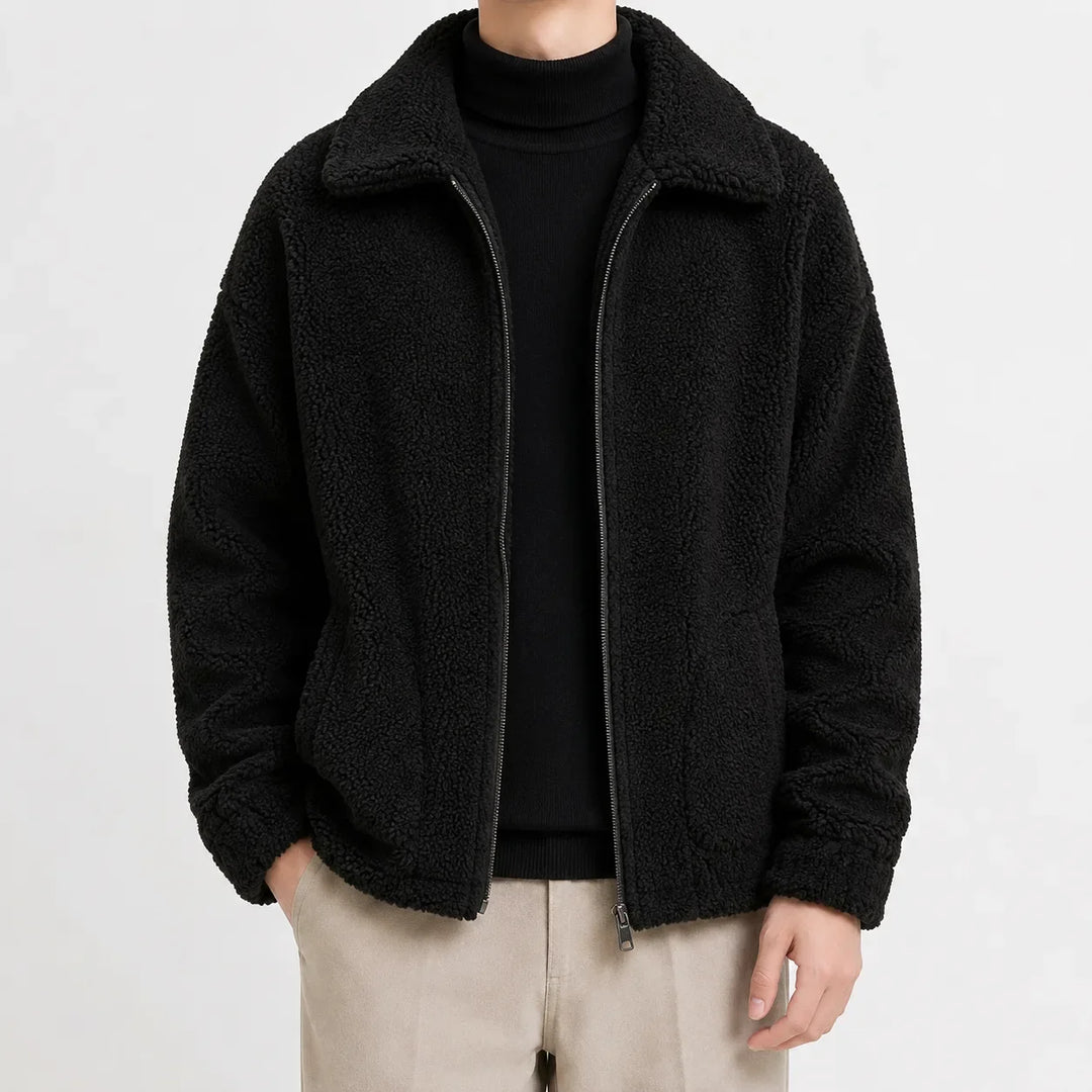 Men's sherpa fleece jacket with turn-down collar and zip front