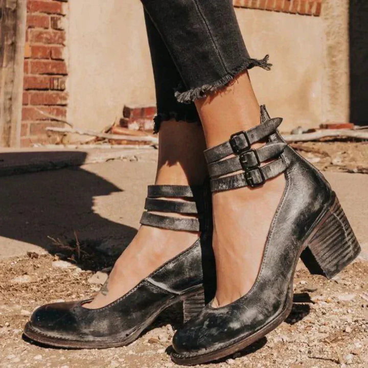 Women's ankle strap pumps with buckles and block heels