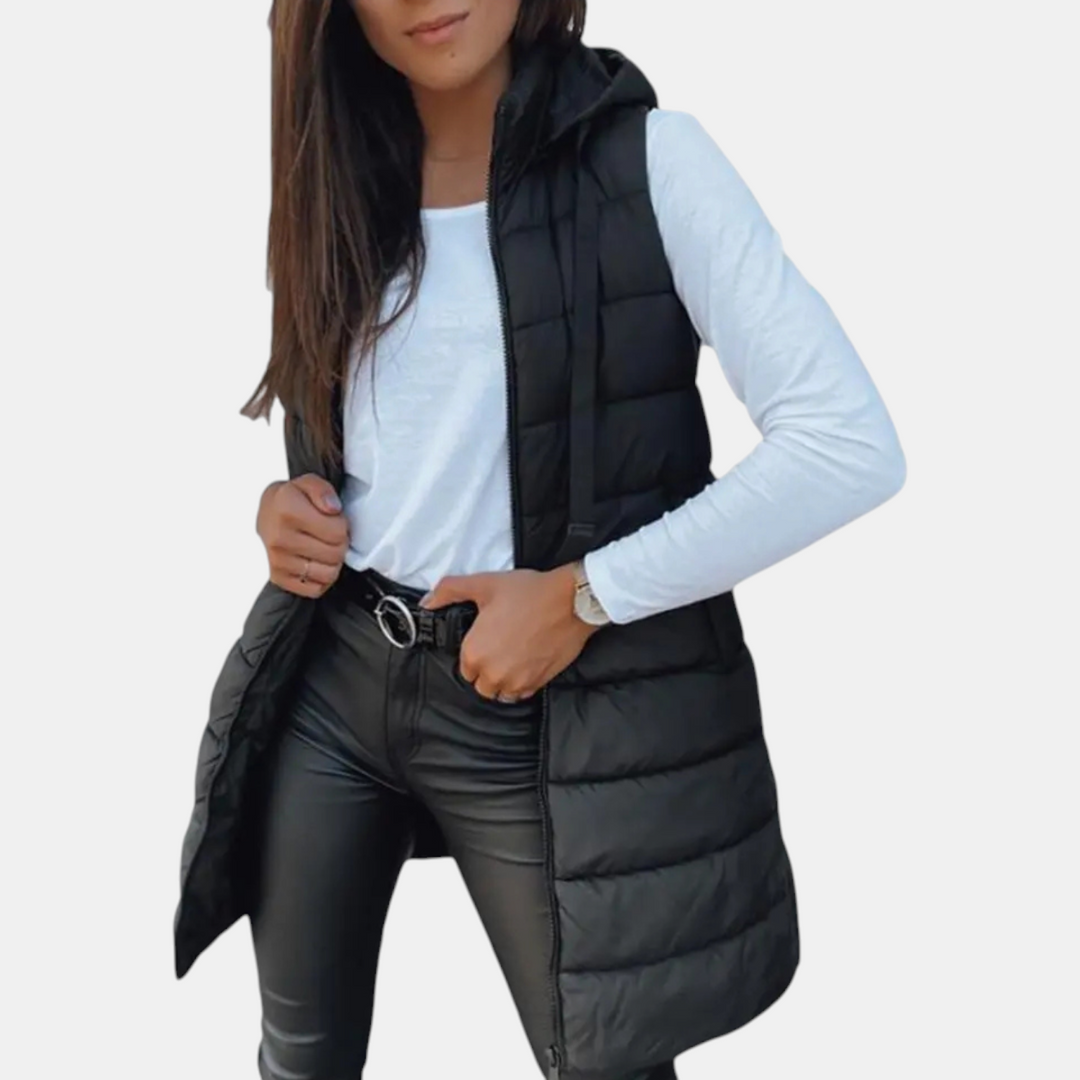 Women's longline hooded puffer vest