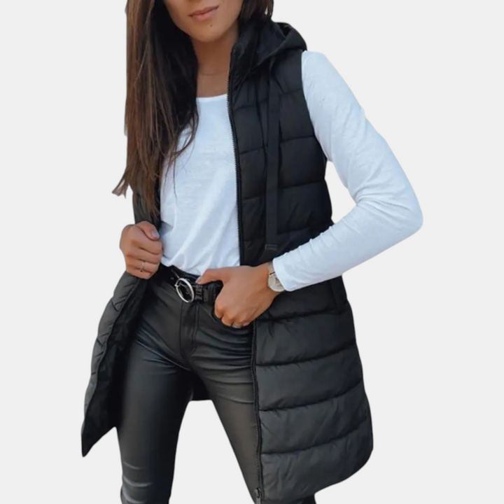 Women's longline hooded puffer vest