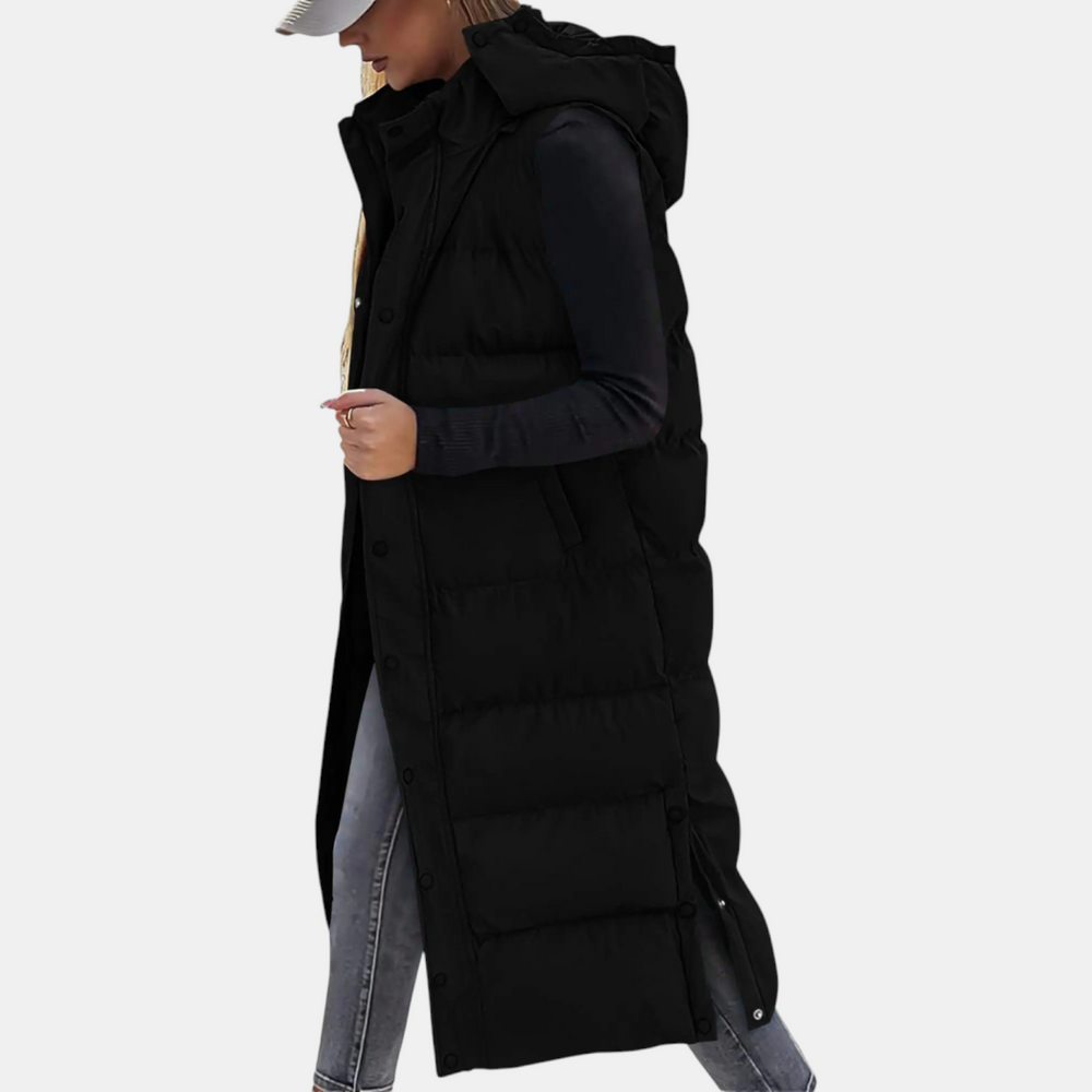 Women's long hooded puffer gilet with snap front and side pockets