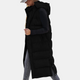 Women's long hooded puffer gilet with snap front and side pockets