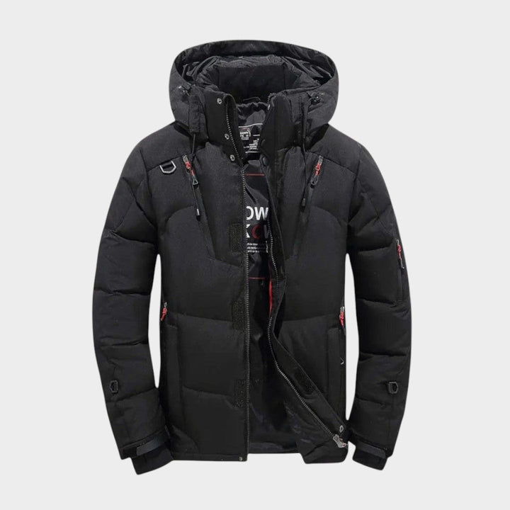 Men's hooded quilted winter jacket with zip front and multiple pockets