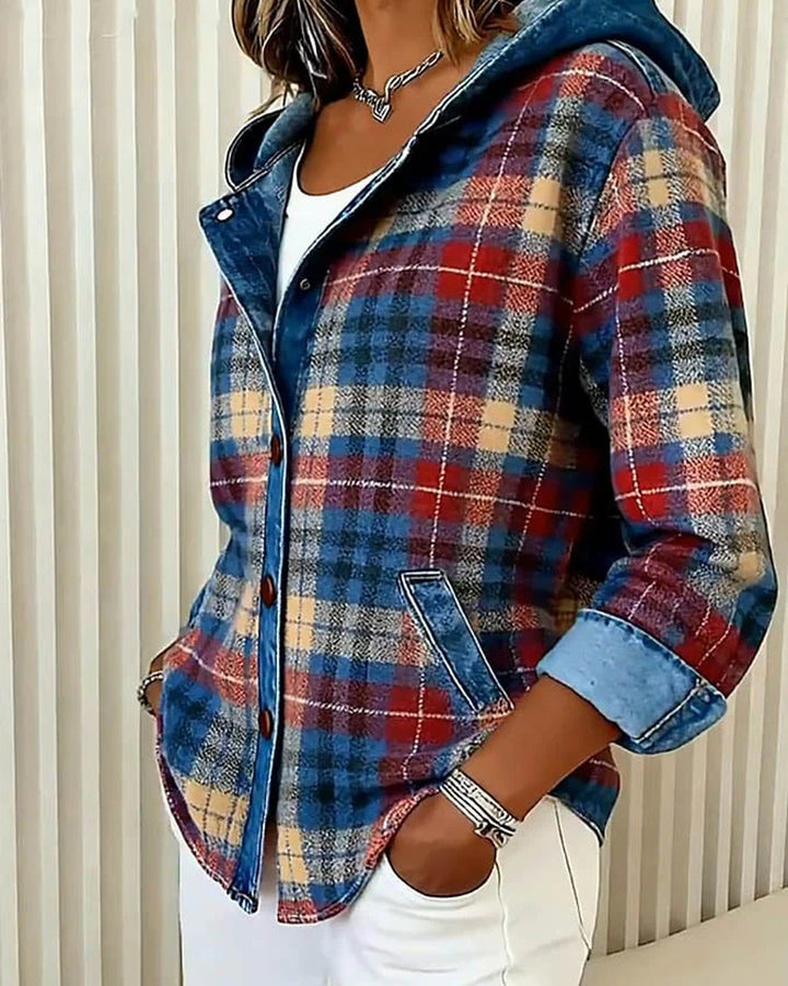 Women's checked plaid hooded jacket with buttons and front pockets