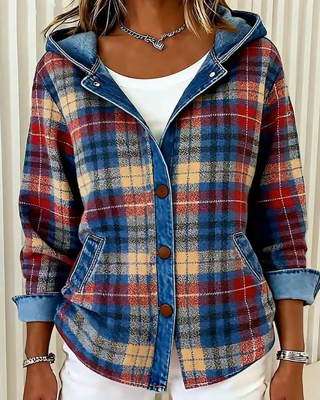 Women's checked plaid hooded jacket with buttons and front pockets