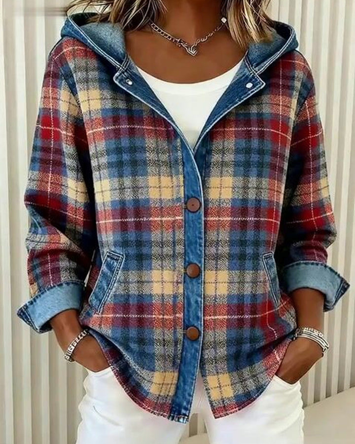 Women's checked plaid hooded jacket with buttons and front pockets