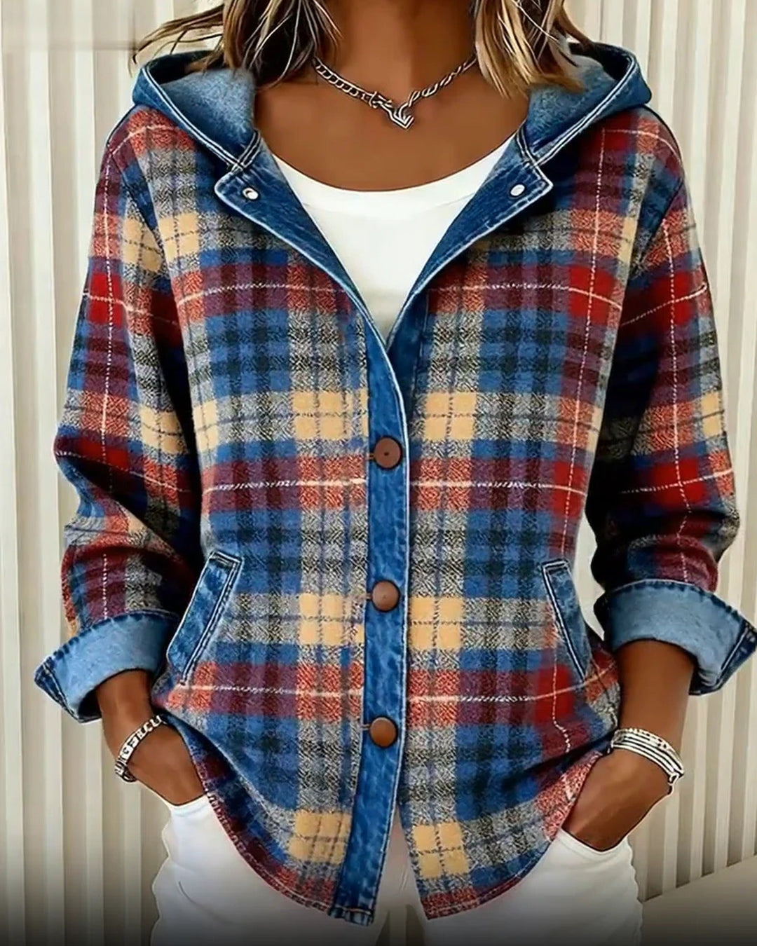 Women's checked plaid hooded jacket with buttons and front pockets