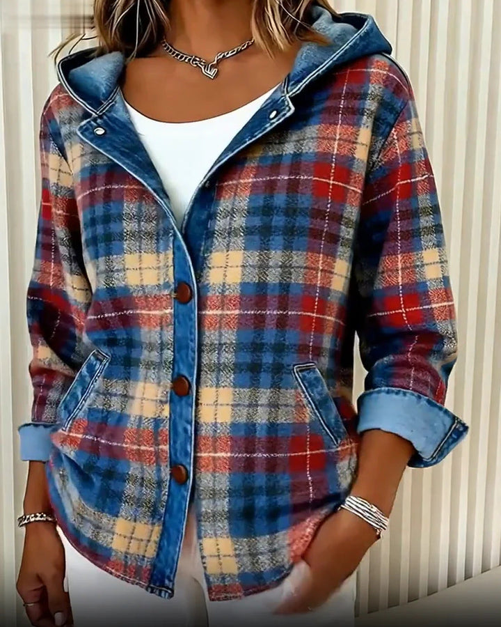 Women's checked plaid hooded jacket with buttons and front pockets