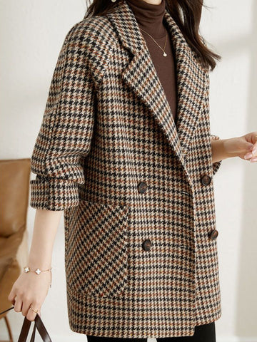 Women's houndstooth long coat with notched lapels and patch pockets