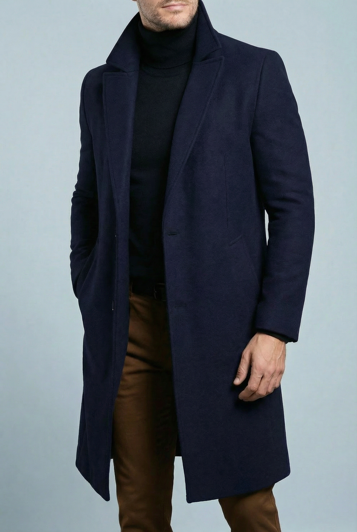 Men's structured long formal coat with notched lapels, button front and welt pockets