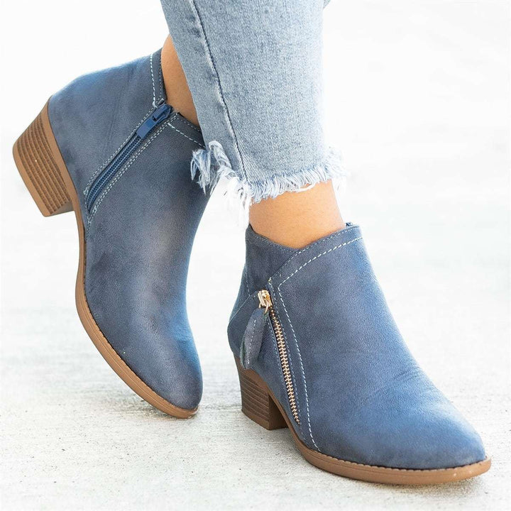 Women's side-zip ankle boots with pointed toes and low block heels