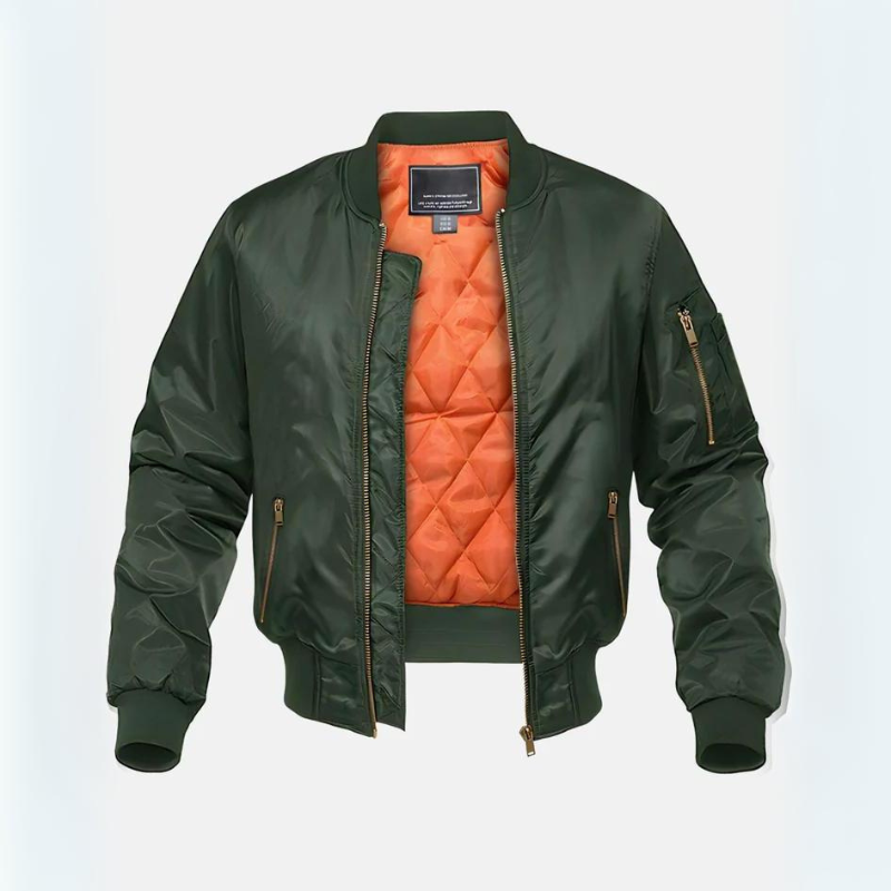 Men's quilted bomber jacket with stand collar, zip front and ribbed cuffs