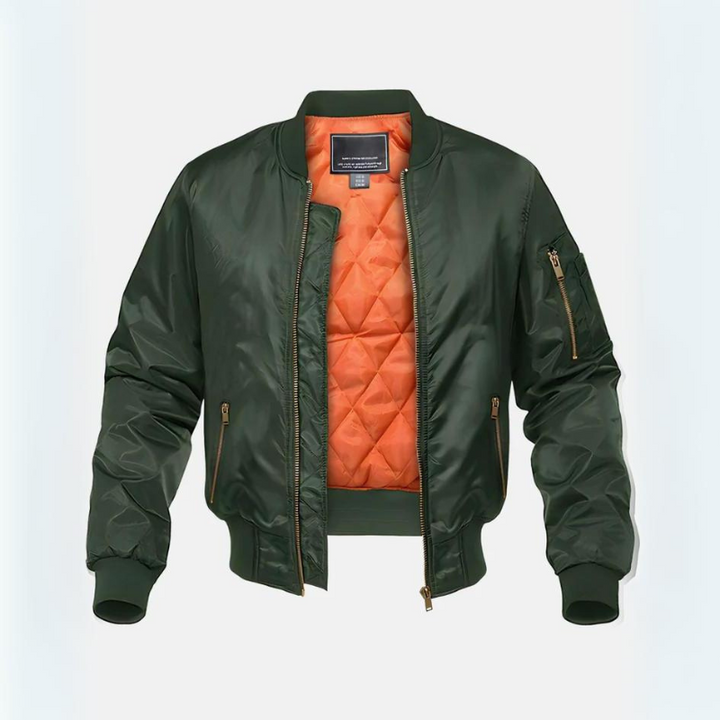 Men's quilted bomber jacket with stand collar, zip front and ribbed cuffs