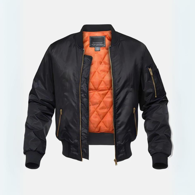 Men's quilted bomber jacket with stand collar, zip front and ribbed cuffs