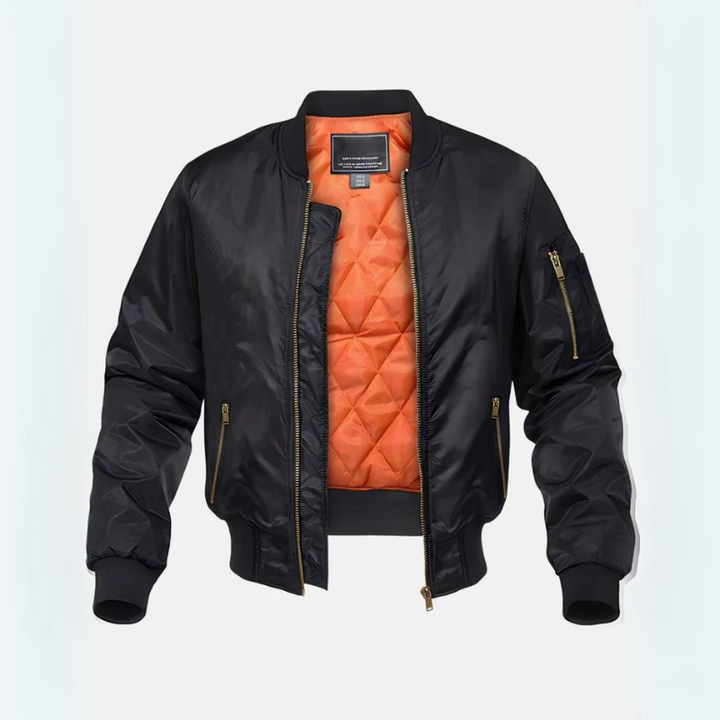Men's quilted bomber jacket with stand collar, zip front and ribbed cuffs