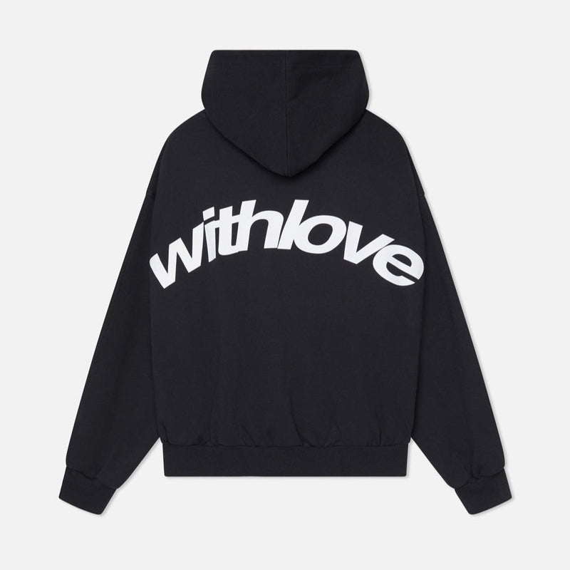Women's hooded pullover with long sleeves and large back text graphic
