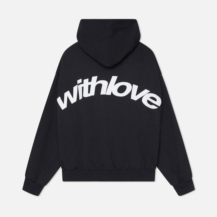 Women's hooded pullover with long sleeves and large back text graphic