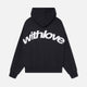 Women's hooded pullover with long sleeves and large back text graphic