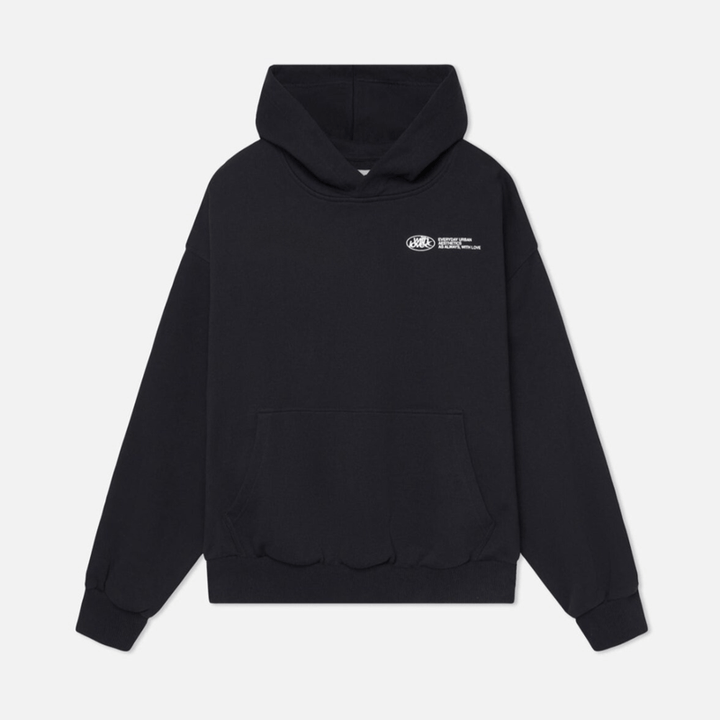 Women's hooded pullover with long sleeves and large back text graphic